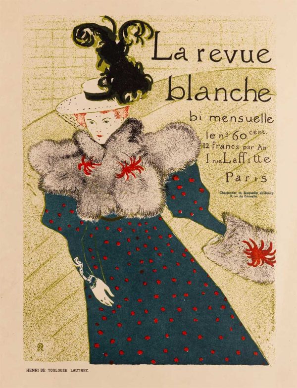 1895 Henri de Toulouse-Lautrec La Revue Blanche original lithographic poster depicting a fashionable woman in a fur stole and hat standing in a winter street scene with subtle snowfall and muted tones