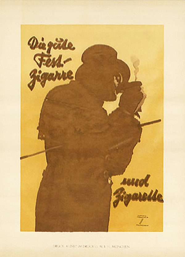 A brown-toned silhouette of a man smoking with stylized German text at the top left and bottom right on a warm yellow background.