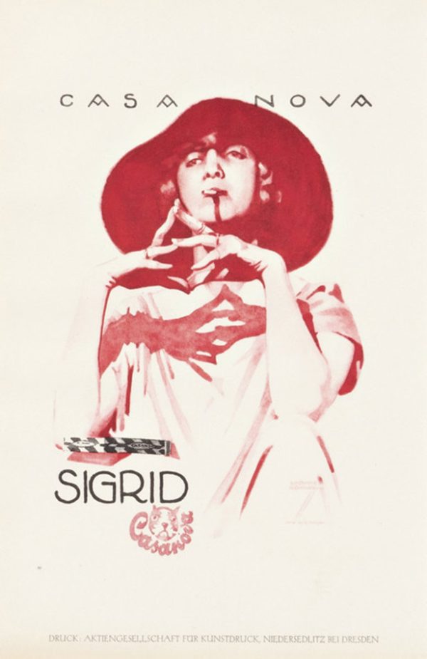 1926 Ludwig Hohlwein Casa Nova “SIGRID” ex libris bookplate, red-toned lithograph featuring a stylized female figure in a wide hat with hands raised in elegant gesture and strong shadowed forms