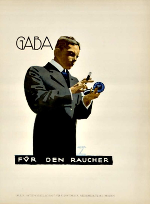 Man in dark suit holding GABA cigar and small blue disc, facing right. Text "GABA" at top left, "FÜR DEN RAUCHER" (for the smoker) in black banner below. Original 1926 Ludwig Hohlwein lithograph, Grade A condition, ex libris bookplate.