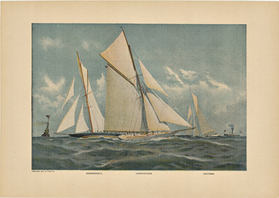 Horizontal print of three sailing yachts—Independence, Constitution, and Columbia—racing across open water under full sail beneath a lightly clouded sky.