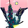 Original 1954 vintage railway travel poster showing terraced vineyard landscape with medieval castle rising above a passing train, geometric hillside planes in navy and pink, golden sun on pink dusk sky, bold Art Moderne composition, WER railway logo