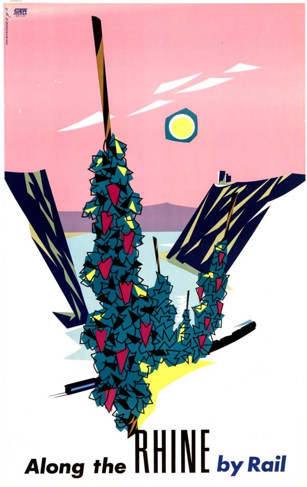 Original 1954 vintage railway travel poster showing terraced vineyard landscape with medieval castle rising above a passing train, geometric hillside planes in navy and pink, golden sun on pink dusk sky, bold Art Moderne composition, WER railway logo