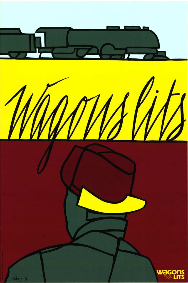 A stylized composition with bold blocks of yellow, red, and blue, black cursive “Wagon Lits” lettering, and a simplified figure wearing a hat.