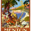 Magnificient view of Menton, France, sea view with lemon and palm trees and old city a distance. colorful and bright.
