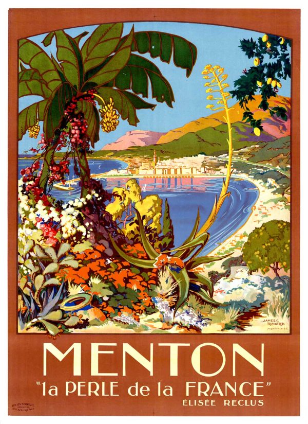 Magnificient view of Menton, France, sea view with lemon and palm trees and old city a distance. colorful and bright.