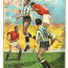 1930s Spanish soccer poster printed in Valencia by Ortega, lithograph showing two players jumping for ball with teammates nearby, “Heads-Up” composition, linen-backed.