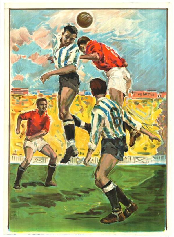 1930s Spanish soccer poster printed in Valencia by Ortega, lithograph showing two players jumping for ball with teammates nearby, “Heads-Up” composition, linen-backed.