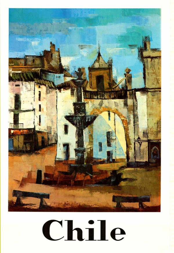 A painted view shows a sunlit plaza with a central stone fountain, whitewashed buildings, and an arched passageway beneath a tower.