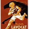 French Art Deco Lavocat poster with running rugby player and horse silhouette in red and black