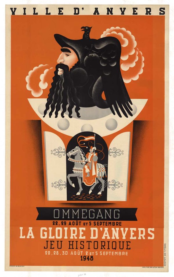 1948 Belgian poster showing a stylized black-bearded giant above a detailed procession scene on an orange background with “Ommegang La Gloire d’Anvers” text.