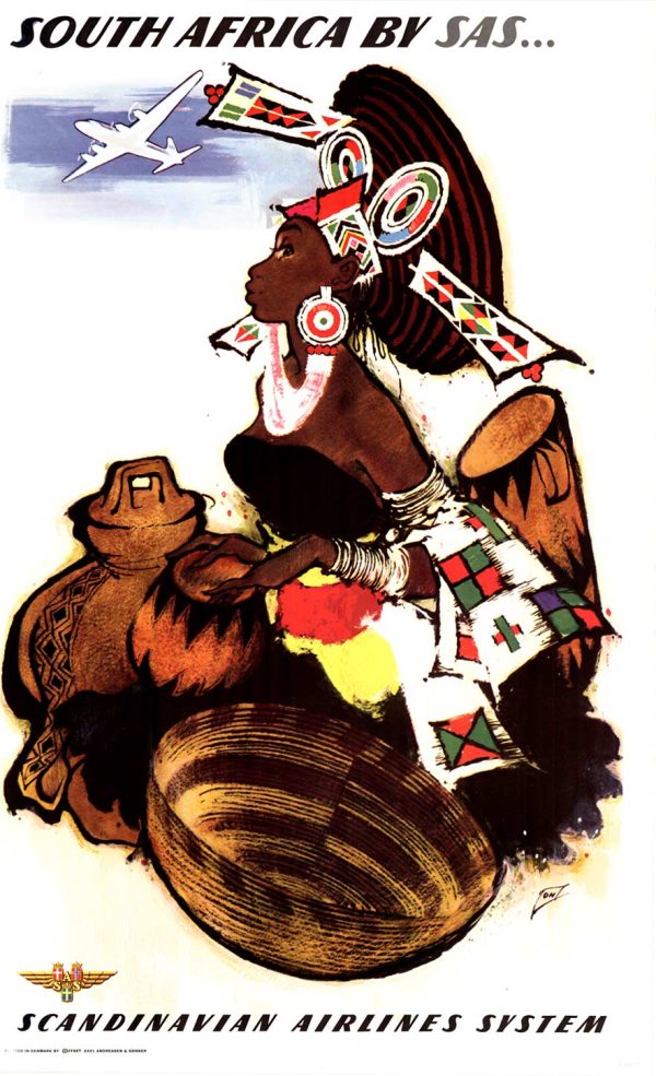 Original SAS South Africa vintage travel poster by Otto Nielsen featuring traditional tribal attire and SAS airplane