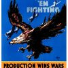 Original 1943 Thomas Hart Benton "Keep 'Em Fighting" WWII lithograph poster featuring a striking black and red eagle in combat with three white dive bombers against bright blue sky, with bold text "Production Wins Wars Stop Accidents" in orange banner below.