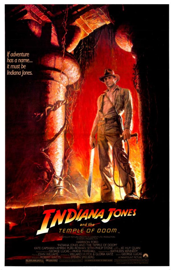Original Indiana Jones Temple of Doom poster 1984 advance US one sheet Lucasfilm lithograph featuring Indiana Jones with whip, linen backed