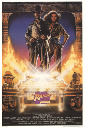 Original, 1991 U.S. one-sheet Raiders of the Lost Ark Kilian Style A poster featuring Indiana Jones and Marion above a glowing Ark with surrounding character scenes and fiery background.