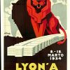 Lyon A Internacia Foiro 1934 poster featuring a towering red Art Deco figure above a diagonal row of exhibition halls with a map backdrop.