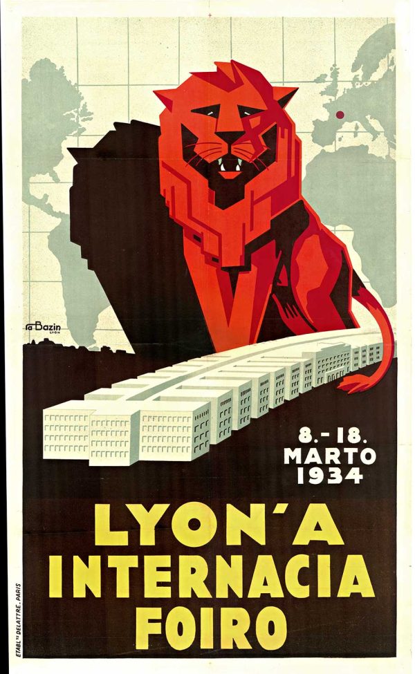 Lyon A Internacia Foiro 1934 poster featuring a towering red Art Deco figure above a diagonal row of exhibition halls with a map backdrop.