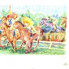 Colorful pointillist lithograph of horse race with jockey on number 6 jumping hedge, by Serge Mendjisky