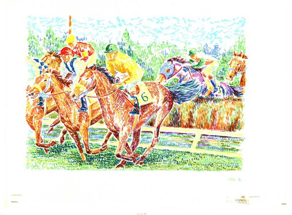 Colorful pointillist lithograph of horse race with jockey on number 6 jumping hedge, by Serge Mendjisky