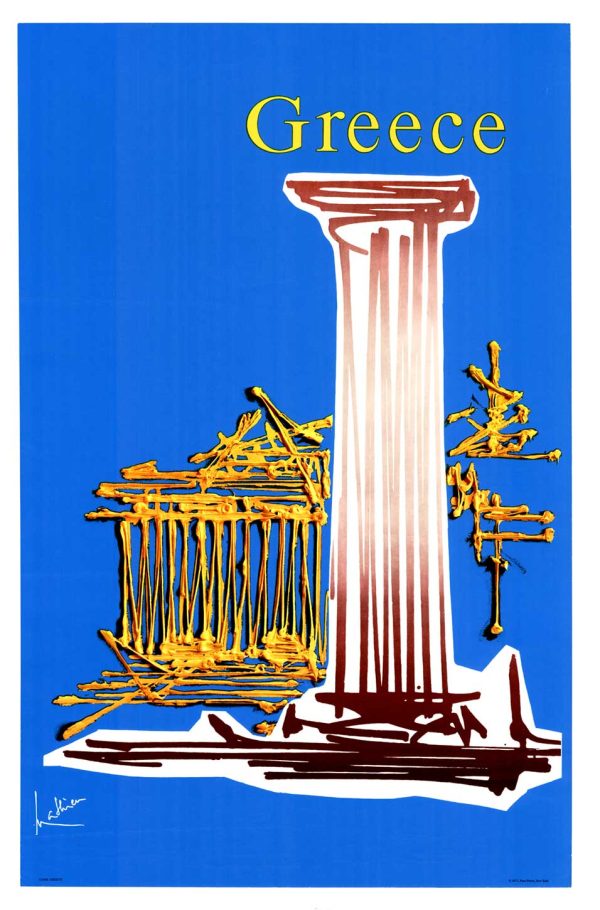 Georges Mathieu original 1971 Greece travel poster for Air France; modernist interpretation of Athens Parthenon with stylized white columns and geometric architectural elements against rich Mediterranean blue background; bold graphic design, linen-backed lithograph in excellent condition