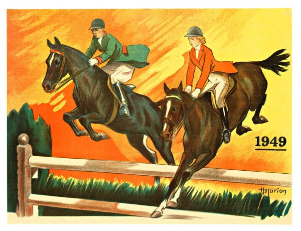 1949 Belgian equestrian poster with two riders in red and green jumping horses over a fence, bold yellow background
