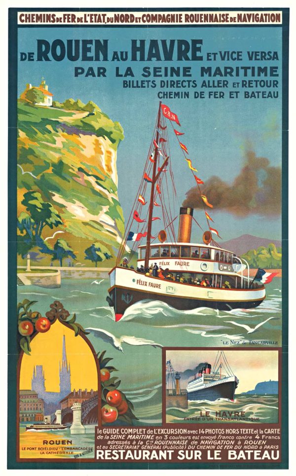 A colorful illustration shows a ferry boat with flags traveling on the Seine near cliffs, with inset views of Rouen Cathedral, a bridge, and harbor scenes.