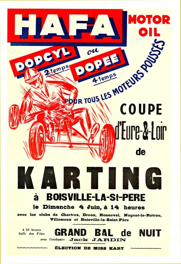 French circa 1960 karting poster for Coupe d’Eure-et-Loir at Boisville-la-Saint-Père, original color lithograph featuring red illustrated go-kart driver with bold typography and HAFA motor oil branding.