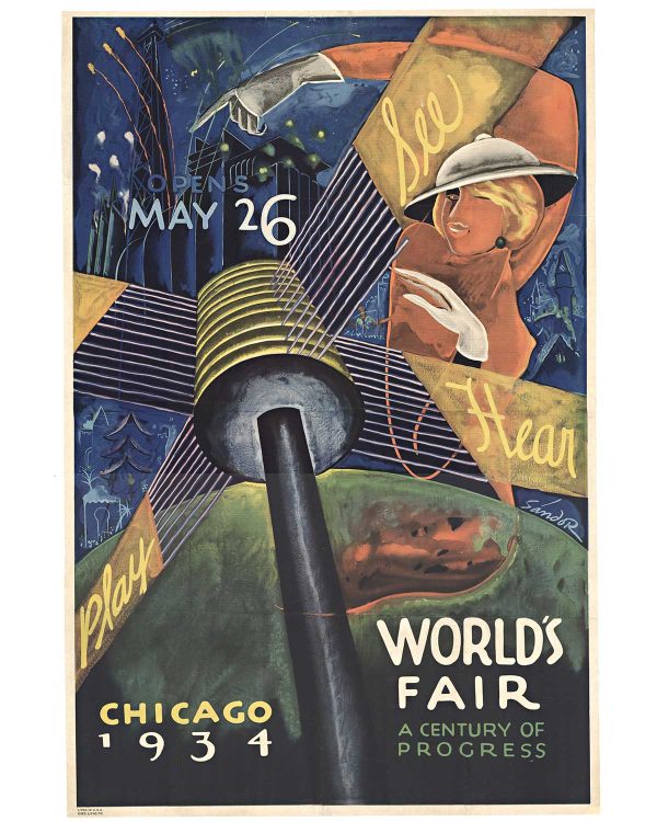 Authentic original 1934 Chicago World's Fair Century of Progress poster by Raymond Sandor featuring Art Deco spotlight tower and modernist architecture stone lithograph
