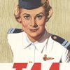 Illustrated TAA poster featuring a front-facing airline stewardess in uniform above bold red “TAA” lettering and the slogan “When in Australia Fly.”