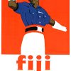 A stylized figure in a blue shirt and white skirt gestures outward against a bright orange background with the word Fiji in bold lowercase letters below.