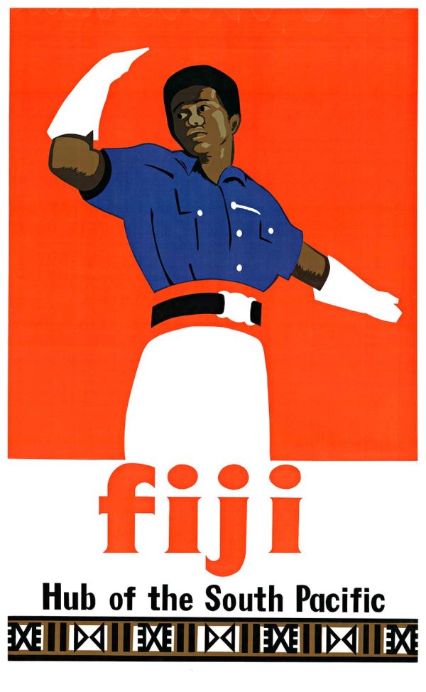 A stylized figure in a blue shirt and white skirt gestures outward against a bright orange background with the word Fiji in bold lowercase letters below.