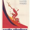 Vintage 1970 surf documentary movie poster featuring bold surfer silhouette riding sweeping wave in saturated red, orange, and blue colors, reflecting late-1960s graphic design aesthetic, unsigned, linen-backed original.