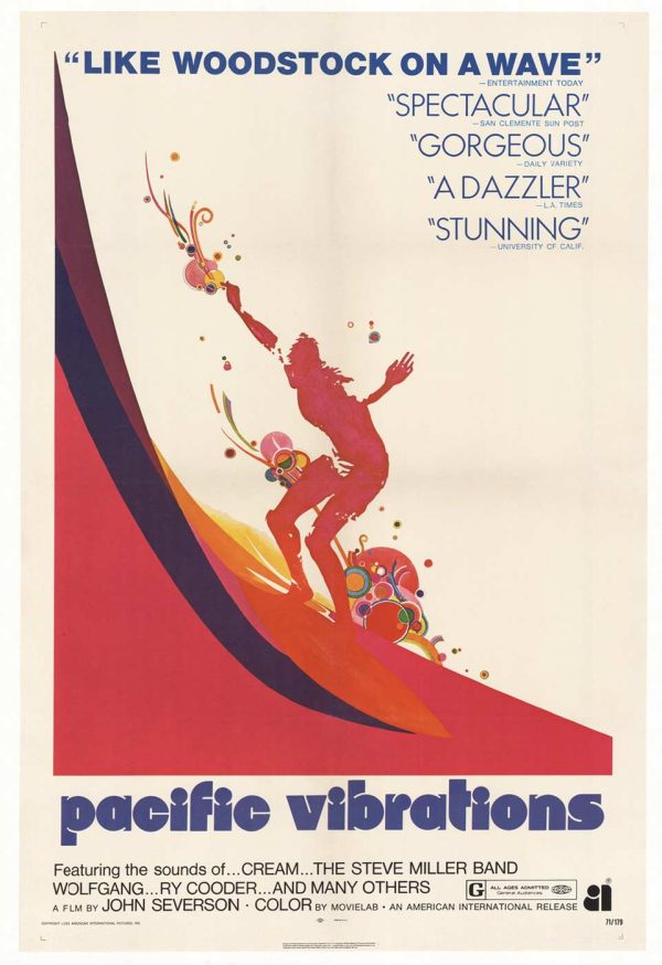 Vintage 1970 surf documentary movie poster featuring bold surfer silhouette riding sweeping wave in saturated red, orange, and blue colors, reflecting late-1960s graphic design aesthetic, unsigned, linen-backed original.