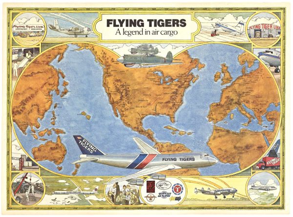 A stylized world map with warm earth tones shows a Flying Tigers cargo airplane crossing the Pacific, surrounded by smaller aircraft illustrations and decorative panels.