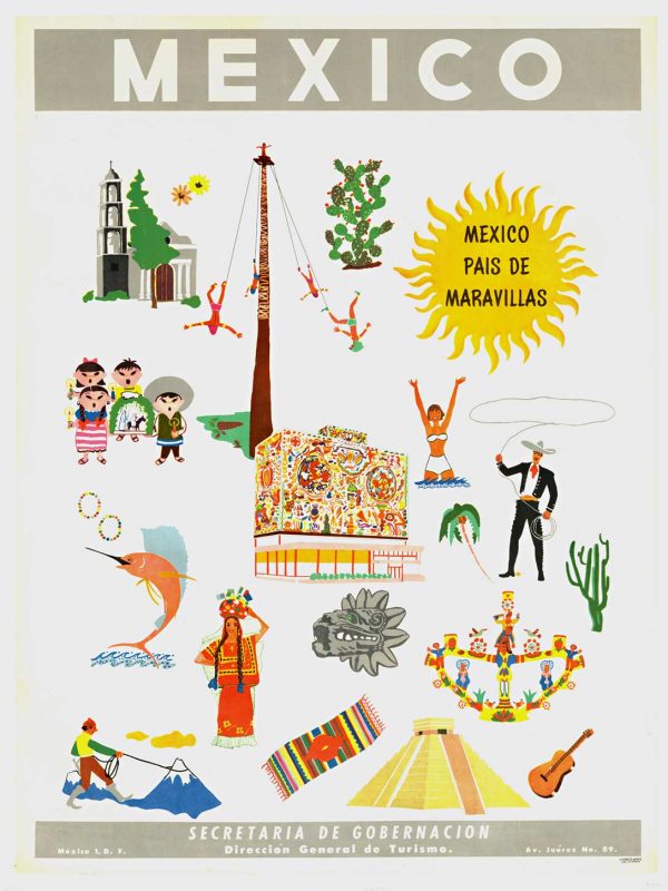 Mexico País de Maravillas travel poster featuring folkloric scenes including Danza de los Voladores, mariachis, pyramids, and traditional crafts in colorful mid-century style
