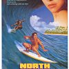 North Shore 1987 original movie poster showing surfers riding a large wave with portrait of female character above, blue ocean tones, U.S. one sheet format