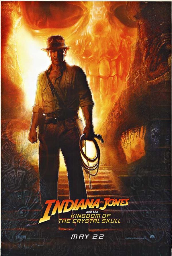 Original, 2008 U.S. one-sheet Indiana Jones and the Kingdom of the Crystal Skull teaser poster featuring Indiana Jones silhouette with whip before a glowing skull-shaped cave.