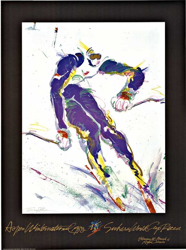 1982 Aspen ski poster with abstract skier in purple and green racing downhill, expressive brushstroke style