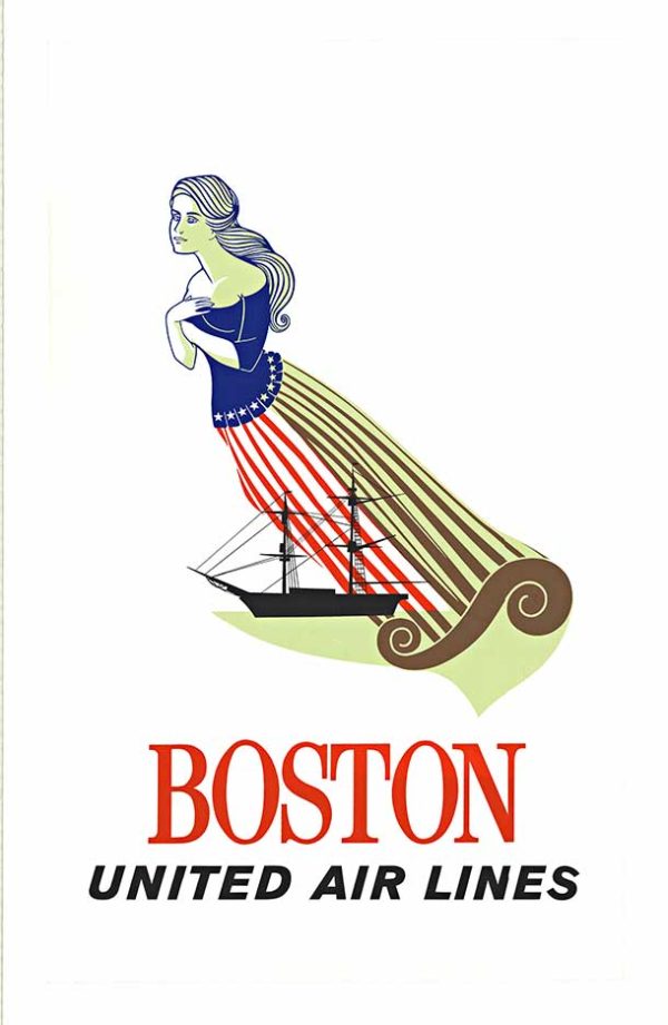 Vintage United Air Lines Boston poster featuring a stylized female figure with flowing red and white stripes merging into a schooner above a curled green wave, with bold “BOSTON” text below.