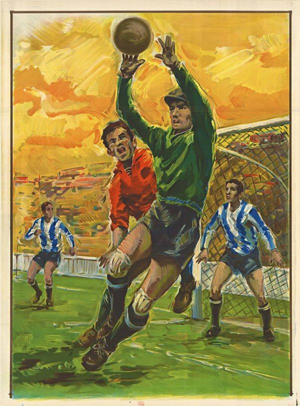 1930s Spanish soccer poster printed in Valencia by Ortega, lithograph showing goalkeeper leaping to block ball with players near goal, proof before lettering,
