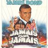 983 French grande poster by Michel Landi for Never Say Never Again, featuring Sean Connery as James Bond aiming a gun, surrounded by action scenes, Bond women, and vehicles in a vibrant orange and blue composition.