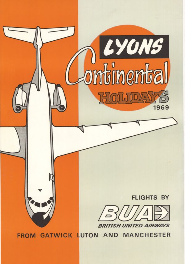 Lyons Continental Holidays 1969 poster featuring a top-down jet aircraft with bold orange and cream layout and BUA British United Airways branding