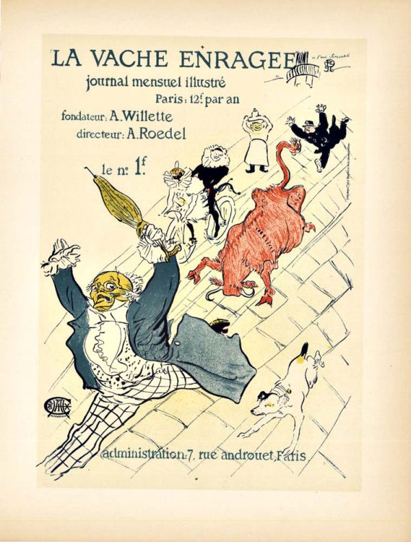 1950 Henri de Toulouse-Lautrec La Vache Enragée Book Plate XXIV lithographic print depicting a man running with an umbrella down a slanted street while pursued by a charging red bull with figures scattered above