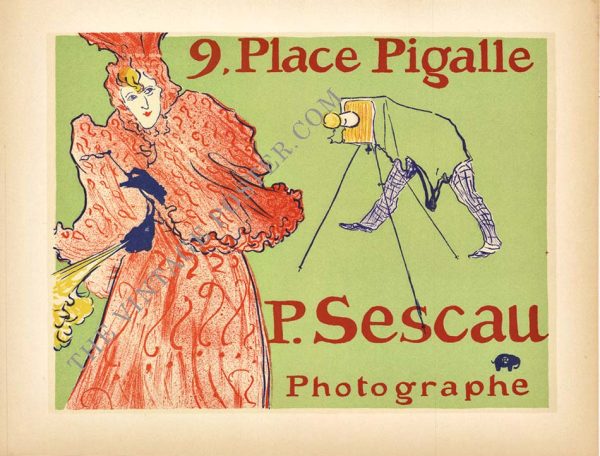 1950 Henri de Toulouse-Lautrec Sescau Photographe Book Plate XXIV lithographic print depicting a flamboyantly dressed red-haired woman and a small performer figure on stilts against a green ground with bold lettering