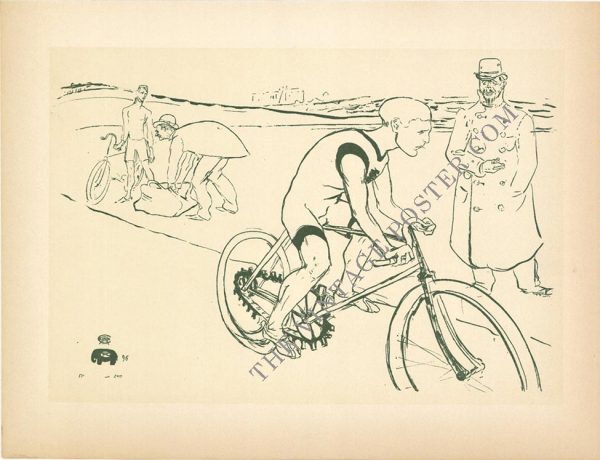 1950 Henri Toulouse-Lautrec Michael Book Plate XXIV lithographic print depicting a cyclist racing on a track with two figures observing, one holding a stopwatch, rendered in minimal dark green linework