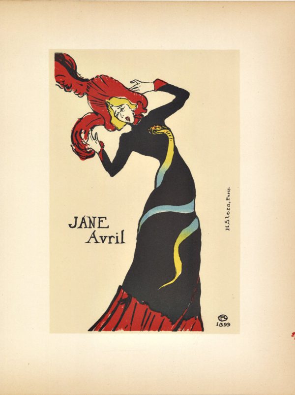 1951 Henri de Toulouse-Lautrec Book Plate XXIV Lithographic Print Jane Avril poster depicting a stylized female dancer in a black dress with flowing red hair against a light background with minimal text.