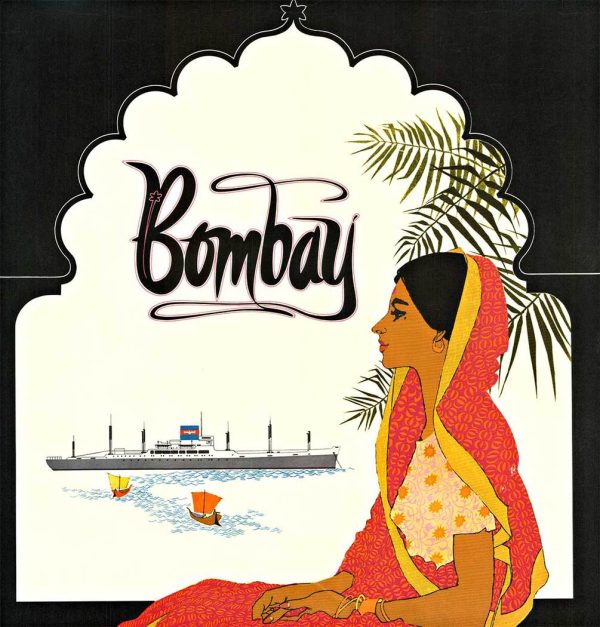 An illustrated woman in a red sari sits in profile beneath a decorative arch shape, looking toward a harbor with ships and small boats, with “Bombay” written above.