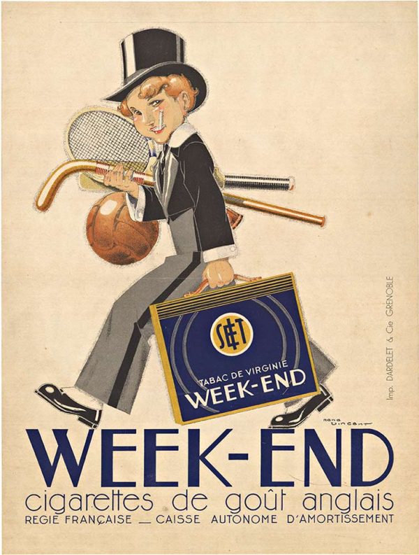 A stylized young man in a cap holding a tennis racket, soccer ball, and hockey stick, carrying a suitcase labeled “Week-End,” with large text below.