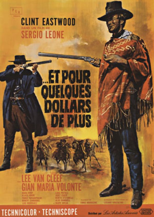 Circa 1970s French grande poster by Jean Mascii for For a Few Dollars More, featuring Clint Eastwood and Lee Van Cleef in a dramatic standoff against a warm desert-toned background with riders in the distance.