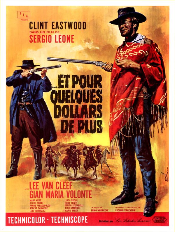 Jean Mascii's iconic "Et Pour Quelques Dollars de Plus" French theatrical poster (46x61.75") featuring two gunfighters in desert confrontation; Grade A linen-backed vintage original with restored theatrical fold marks.